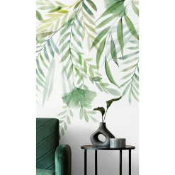 Papier peint panoramique intissé GoodHome Tyrian feuillage vert aquarelle L.280 x l.159 cm