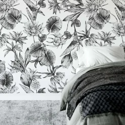 Papier peint plantes à fleurs de lotus noir et blanc - 85x260 cm (l x h)