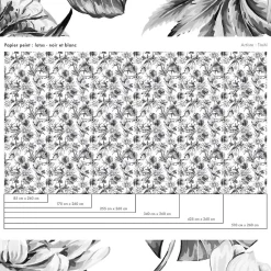 Papier peint plantes à fleurs de lotus noir et blanc - 85x260 cm (l x h)
