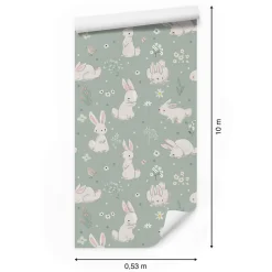 Papier Peint Pour Chambre D'Enfant Avec D'Adorables Lapins Blancs Fleurs