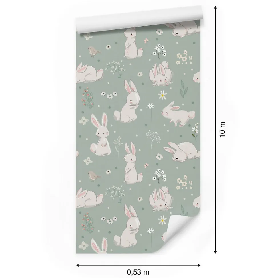 Papier Peint Pour Chambre D'Enfant Avec D'Adorables Lapins Blancs Fleurs