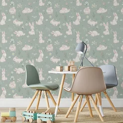 Papier Peint Pour Chambre D'Enfant Avec D'Adorables Lapins Blancs Fleurs