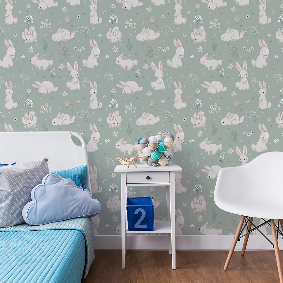 Papier Peint Pour Chambre D'Enfant Avec D'Adorables Lapins Blancs Fleurs