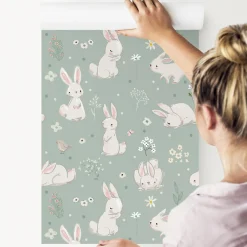 Papier Peint Pour Chambre D'Enfant Avec D'Adorables Lapins Blancs Fleurs