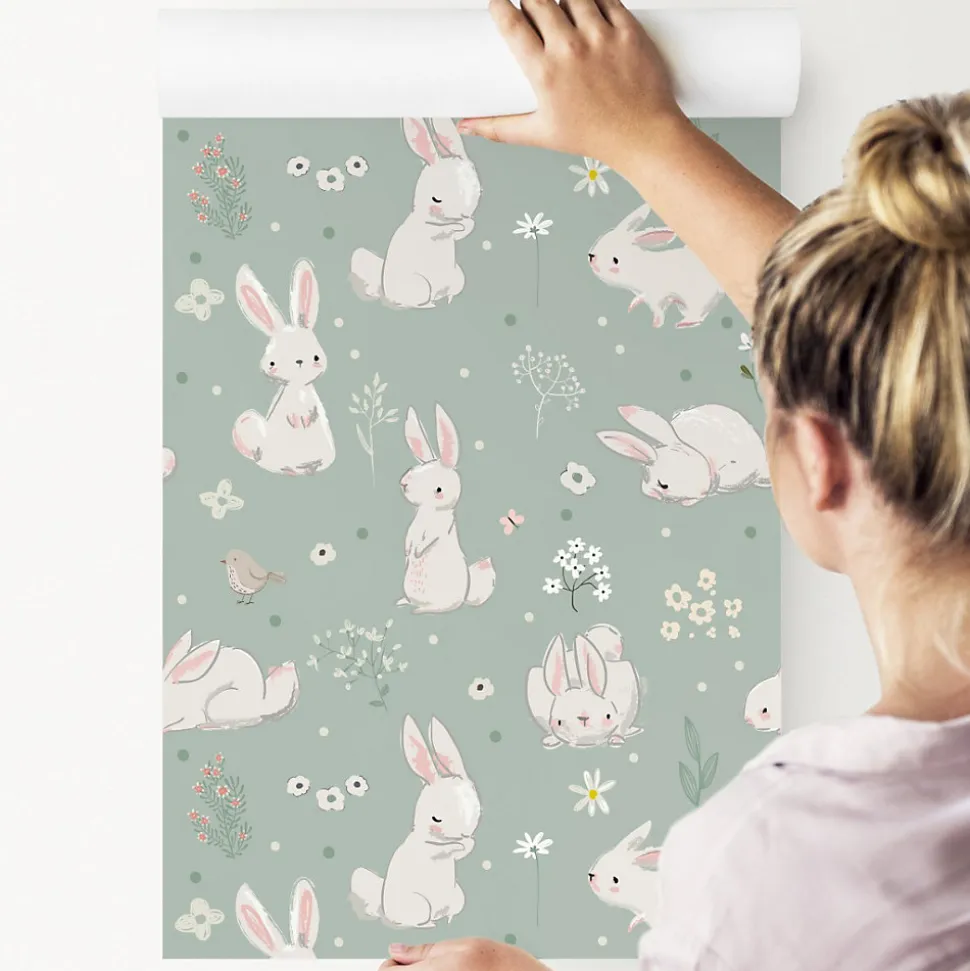 Papier Peint Pour Chambre D'Enfant Avec D'Adorables Lapins Blancs Fleurs