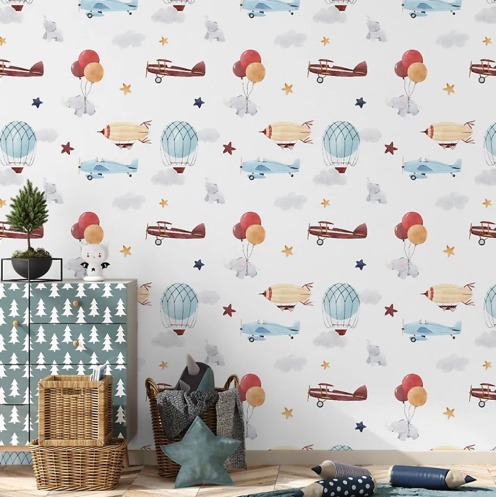 Papier Peint Pour Chambre D'Enfant ELEPHANTS Ballons Avions Etoiles
