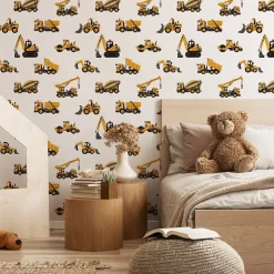 Papier Peint Pour Chambre D'Enfant EXCAVATRICES Voitures De Chantier Jaunes