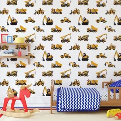 Papier Peint Pour Chambre D'Enfant EXCAVATRICES Voitures De Chantier Jaunes
