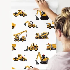 Papier Peint Pour Chambre D'Enfant EXCAVATRICES Voitures De Chantier Jaunes