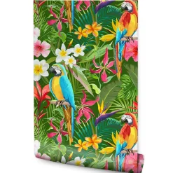 Papier Peint Pour La Chambre PERROQUETS Fleurs Tropicales Feuilles