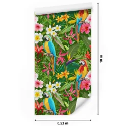 Papier Peint Pour La Chambre PERROQUETS Fleurs Tropicales Feuilles