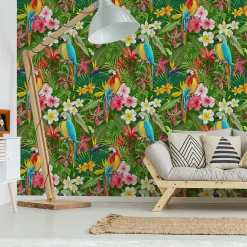 Papier Peint Pour La Chambre PERROQUETS Fleurs Tropicales Feuilles