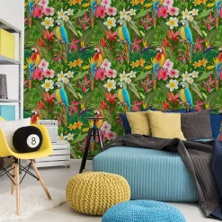 Papier Peint Pour La Chambre PERROQUETS Fleurs Tropicales Feuilles