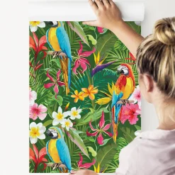 Papier Peint Pour La Chambre PERROQUETS Fleurs Tropicales Feuilles