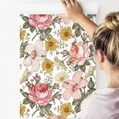Papier Peint Pour La Chambre FLEURS Pivoines Hibiscus Pastel Nature
