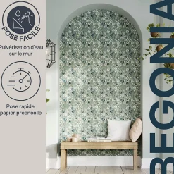 Papier peint pré-encollé vinyle intissé fleuri Easy Roll GoodHome Begonia vert l.53 x H.1005 cm