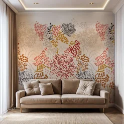 Papier peint sobre illustrant fleurs et feuilles abstraites - 510x260 cm (l x h)