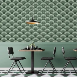 Papier peint vintage avec motifs géométriques verts - 255x260 cm (l x h)