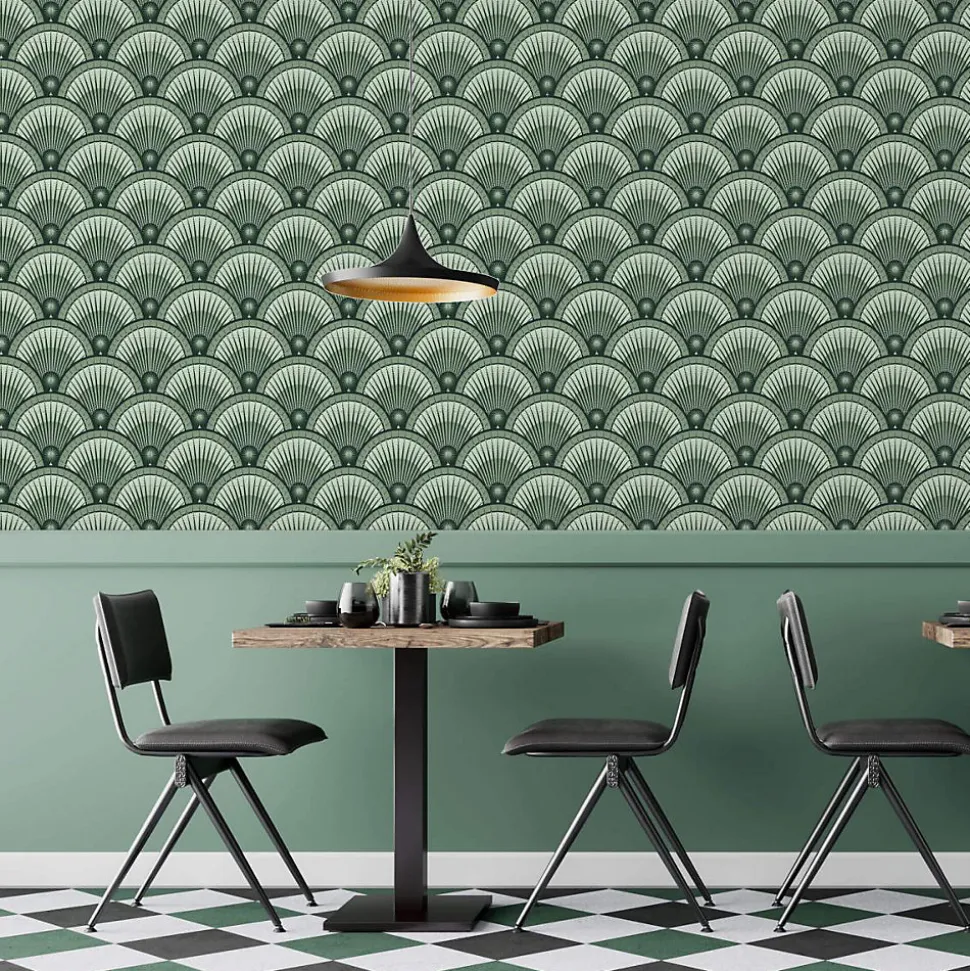 Papier peint vintage avec motifs géométriques verts - 255x260 cm (l x h)