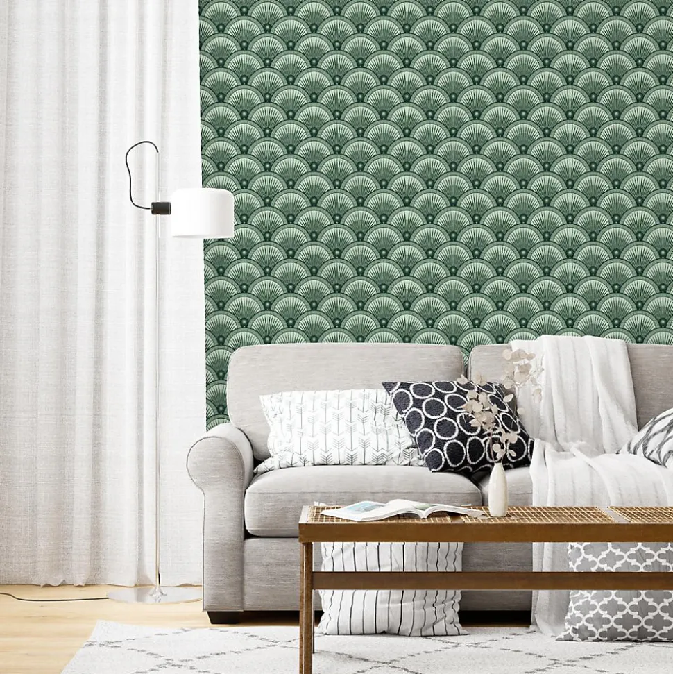 Papier peint vintage avec motifs géométriques verts - 255x260 cm (l x h)