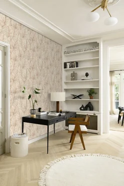 Papier peint vinyle grainé intissé feuilles de lotus beige crème et or L.1005 x l.53cm Rasch