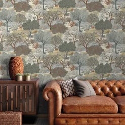 Papier peint vinyle intissé Allure Lutece mat et satiné fôret, arbre, paysage jaune, marron, bleu l.1005 x l.53 cm