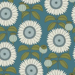 Papier peint vinyle intissé Cuisines & Bains Lutece mat et satiné tournesol, fleurs bleu, vert l.1005 x l.53 cm
