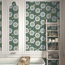 Papier peint vinyle intissé Cuisines & Bains Lutece mat et satiné tournesol, fleurs bleu, vert l.1005 x l.53 cm