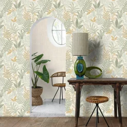 Papier peint vinyle intissé Allure Lutece mat et satiné feuilles jaune, vert, bleu l.1005 x l.53 cm
