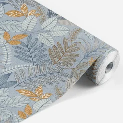 Papier peint vinyle intissé Allure Lutece mat et satiné feuilles bleu, cuivre, taupe l.1005 x l.53 cm