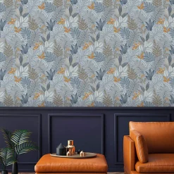 Papier peint vinyle intissé Allure Lutece mat et satiné feuilles bleu, cuivre, taupe l.1005 x l.53 cm