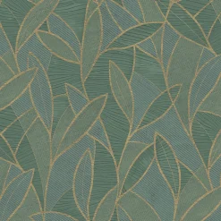 Papier peint vinyle intissé Allure Lutece mat et satiné feuilles, sculptées vert, or l.1005 x l.53 cm