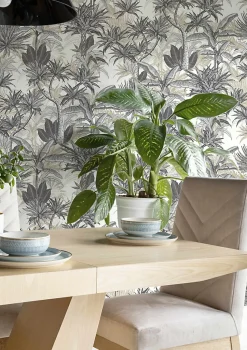 Papier peint vinyle intissé feuillage tropical noir, doré L.1001 x l.53cm Rasch