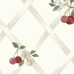 Papier peint vinyle intissé Cuisines & Bains Lutece mat et satiné treillis, cerise rouge, beige, blanc l.1005 x l.53 cm
