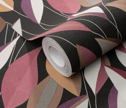 Papier peint vinyle intissé feuillage noir, violet L.1005 x l.53cm, Erismann Casual