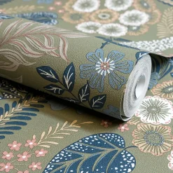 Papier peint vinyle intissé fleuri Alice vert kaki L.1005 x l.53cm Grandeco