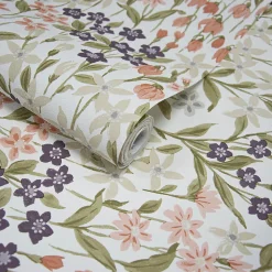 Papier peint vinyle intissé fleuri Bluebel lilas, bleu L.1005 x l.53cm Grandeco