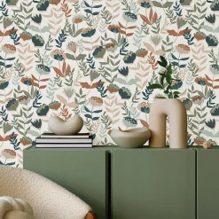 Papier peint vinyle intissé fleuri Naive flowers, bleu terracotta L.1005 x l.53cm Lutèce