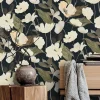 Papier peint vinyle intissé fleuri feuilles de lys, noir et beige L.1005 x l.53 cm, Erismann Blossom