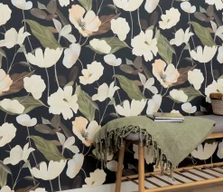 Papier peint vinyle intissé fleuri feuilles de lys, noir et beige L.1005 x l.53 cm, Erismann Blossom