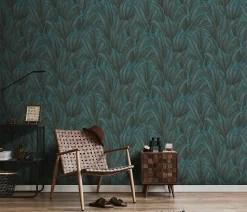 Papier peint vinyle intissé feuilles bleu et marron L.1005 x l.53cm, Erismann Zanzibar