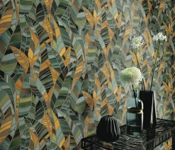 Papier peint vinyle intissé feuilles tropical vert, jaune L.1005 x l.53cm, Erismann Serenade