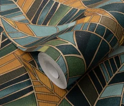 Papier peint vinyle intissé feuilles tropical vert, jaune L.1005 x l.53cm, Erismann Serenade