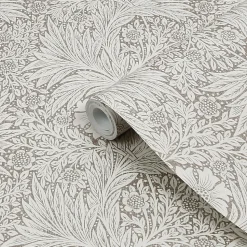 Papier peint vinyle intissé fleuri effet métallique beige crème L.1000 x l.52 cm William Morris Marigold