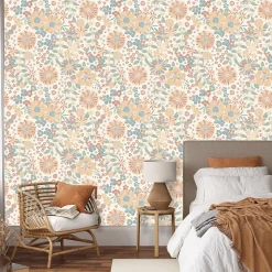 Papier peint vinyle intissé fleuri petites fleurs vert, orange L. 1005 x l. 53cm Ugepa