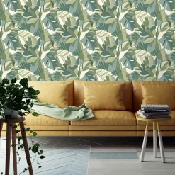 Papier peint vinyle intissé Dolce vita palmier seventies XXL vert, bleu L.1005 x l.53cm Lutèce