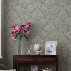 Papier peint vinyle intissé fleuri vert L.1000 x l.52 cm Laura Ashley Parterre