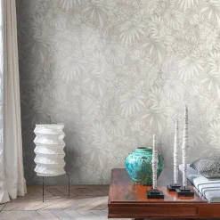 Papier peint vinyle intissé Allure Lutece mat et satiné feuilles beige, gris clar, écru l.1005 x l.53 cm