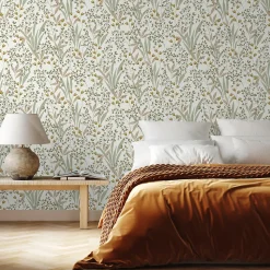 Papier peint vinyle intissé fleuri vert et beige L.1005 x l.53cm, Lutèce Floris
