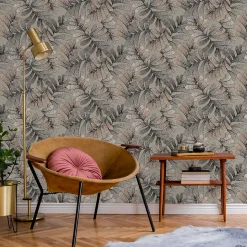 Papier peint vinyle intissé Villa Rosalie Lutece mat et satiné feuilles gris, rose l.1005 x l.53 cm